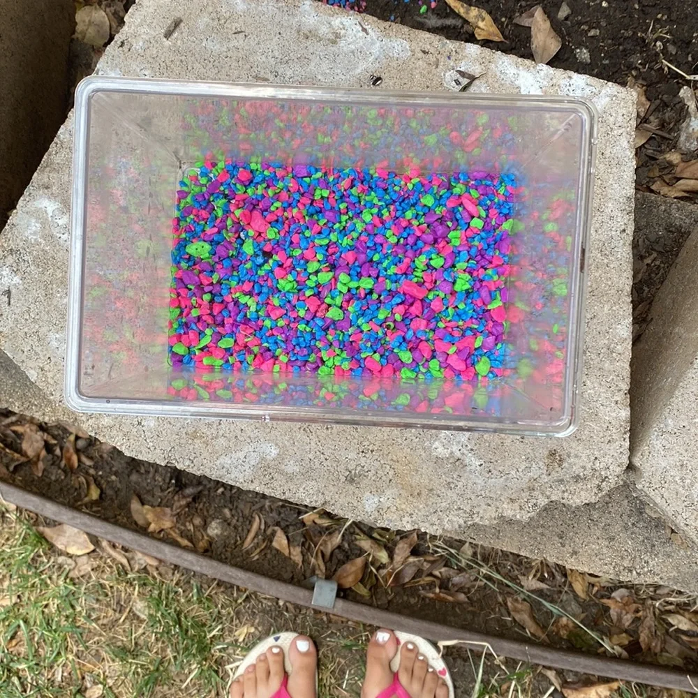 Fish tank with cooler rocks and a sign